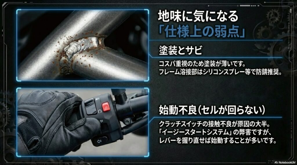 SV650の持病は本当にある?「壊れやすい」噂の正体と購入前に知るべき故障・弱点の全貌 フレームの塗装の薄さとクラッチスイッチによる始動不良の解説