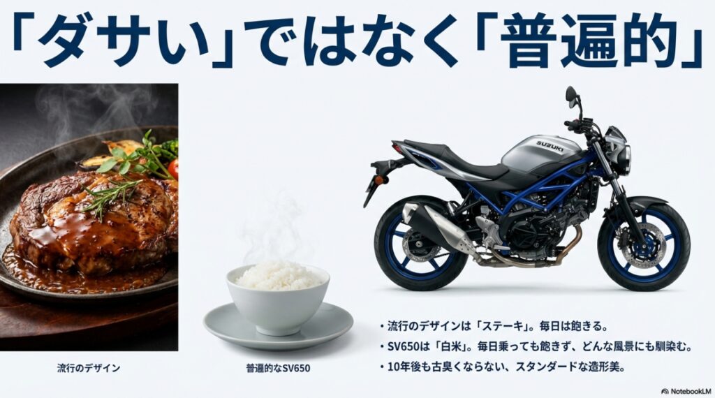流行のデザイン（ステーキ）と普遍的なSV650（白米）の比較