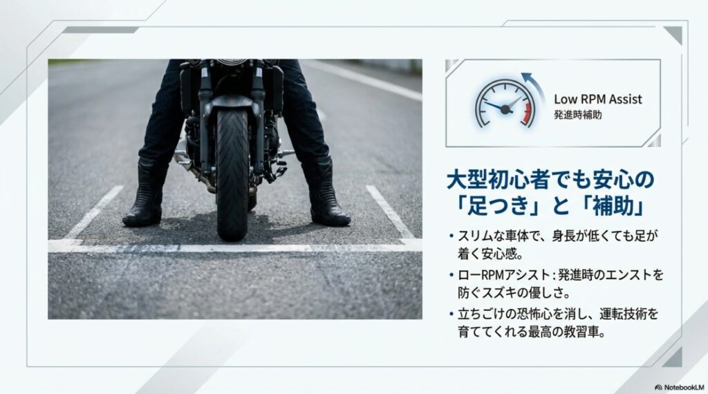 SV650の足つきの良さとローRPMアシスト機能