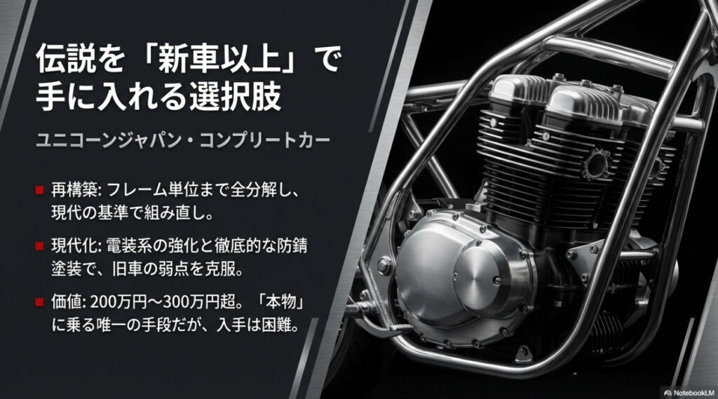 伝説のGSX1100Sカタナを新車以上のクオリティで再生するユニコーンジャパンのコンプリートカー解説スライド