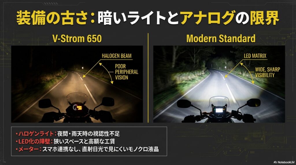 Vストローム650の欠点と限界|ライバル車と比較してわかった「設計の古さ」と致命的な弱点 Vストローム650のハロゲンライトと最新LEDライトの夜間視認性比較