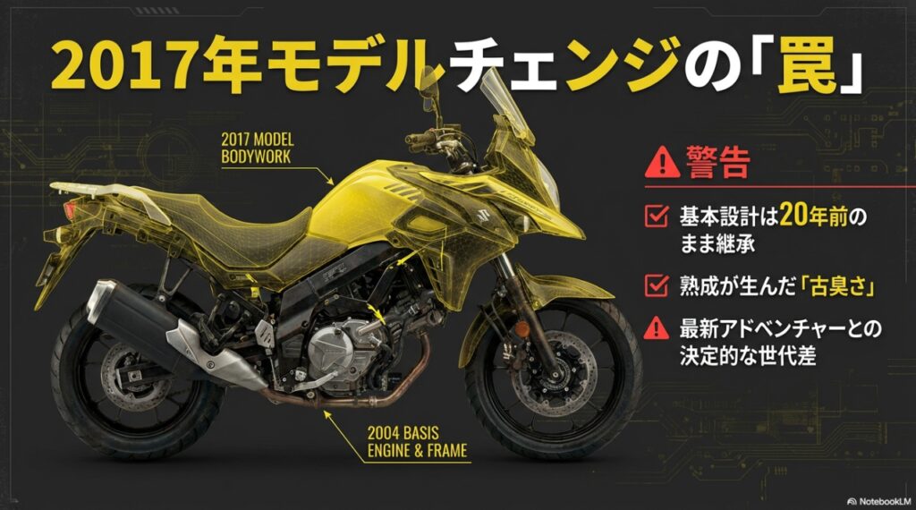 Vストローム650の欠点と限界|ライバル車と比較してわかった「設計の古さ」と致命的な弱点 Vストローム650の2017年外観変更と2004年基本設計の比較図