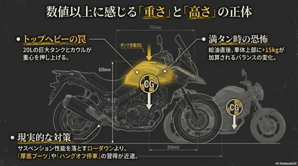 Vストローム650を買って後悔する人の特徴とは?「致命的な欠点」とそれを補う「圧倒的な旅性能」の全貌 Vストローム650の重心が高い理由。20Lタンクとカウルによるトップヘビー構造と、満タン時のバランス変化、厚底ブーツによる対策図解