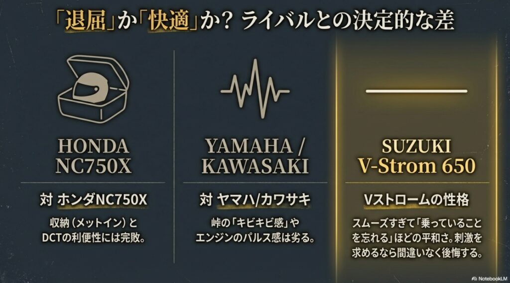 Vストローム650を買って後悔する人の特徴とは?「致命的な欠点」とそれを補う「圧倒的な旅性能」の全貌 スズキVストローム650、ホンダNC750X、ヤマハ・カワサキの競合車における「退屈」と「快適」の比較チャート
