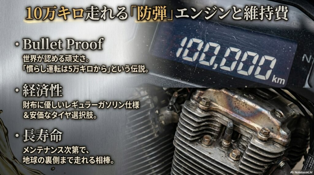 Vストローム650を買って後悔する人の特徴とは?「致命的な欠点」とそれを補う「圧倒的な旅性能」の全貌 Vストローム650の「防弾エンジン」と呼ばれる耐久性、レギュラーガソリン仕様の経済性、長寿命についての解説図