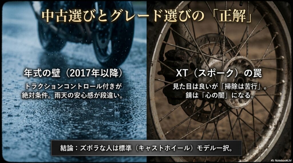 Vストローム650を買って後悔する人の特徴とは?「致命的な欠点」とそれを補う「圧倒的な旅性能」の全貌 Vストローム650の中古車選びのポイント。2017年以降のトラクションコントロールの重要性と、XTのスポークホイール掃除の大変さについて