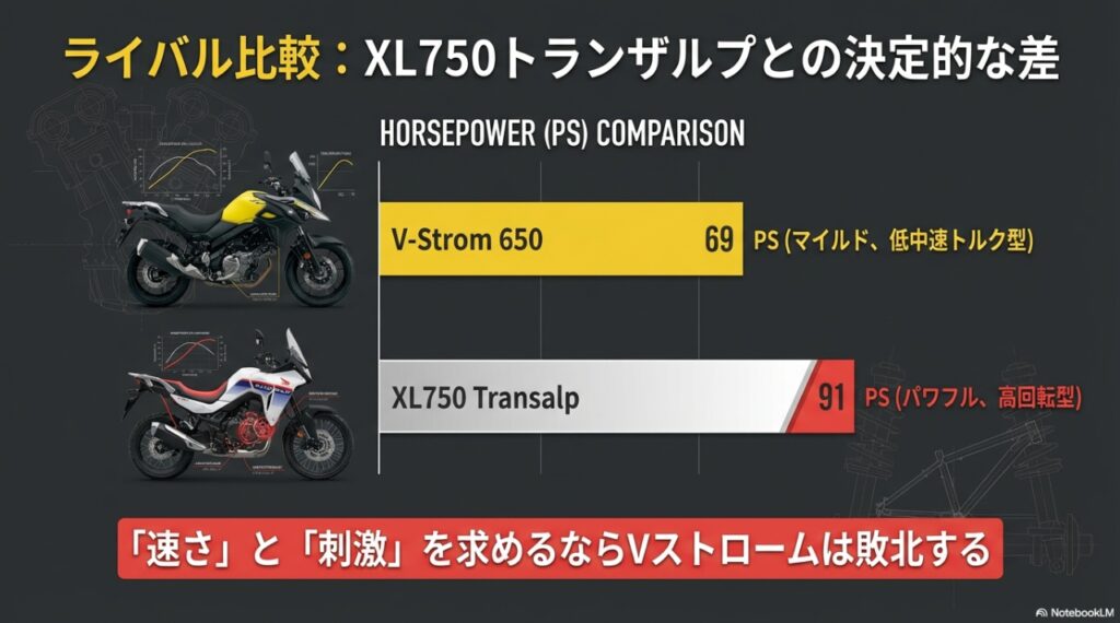 Vストローム650の欠点と限界|ライバル車と比較してわかった「設計の古さ」と致命的な弱点 Vストローム650とXL750トランザルプの馬力・出力特性の比較グラフ