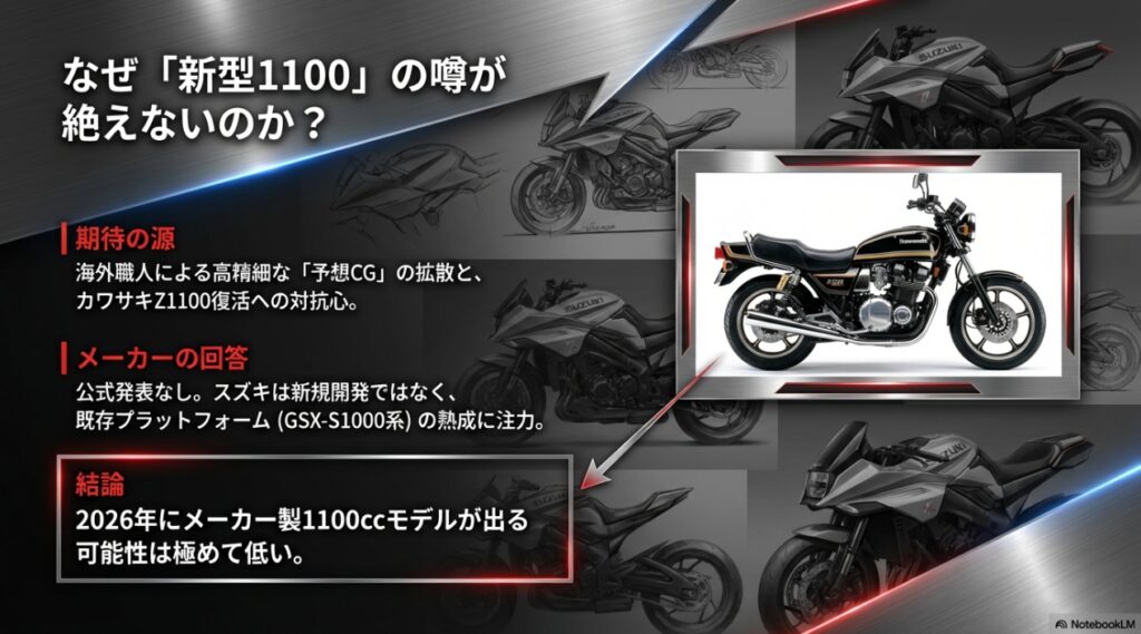新型カタナ1100の噂が絶えない理由とメーカーの公式回答、2026年モデルの可能性についての解説スライド