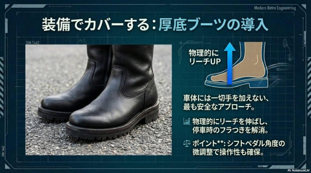 車体には一切手を加えず、物理的にリーチを伸ばして停車時のフラつきを解消する厚底ライディングブーツの着用イメージ
