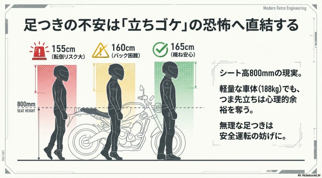 Z650RSのシート高800mmにおける身長別（155cm・160cm・165cm）の足つき状態と、心理的・操作的リスクの比較図