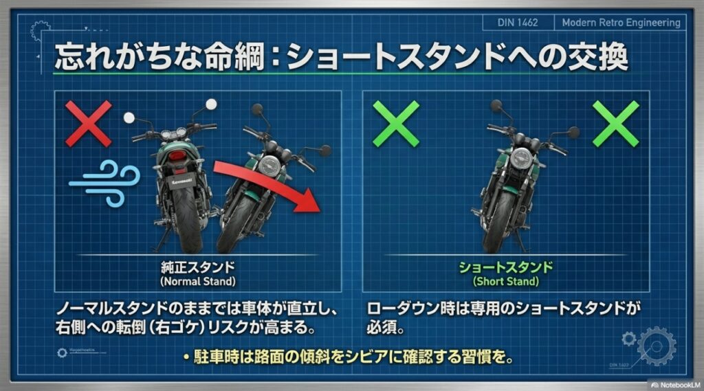 ローダウン時に純正スタンドを使用した場合の右側への転倒（右ゴケ）リスクと、専用ショートスタンド使用による適切な駐車角度の比較図