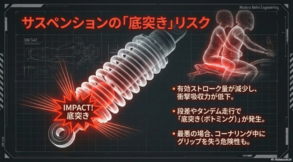 ローダウンによるサスペンションの有効ストローク量減少と、段差やタンデム走行時に発生する底突き（ボトミング）の衝撃リスクの図解