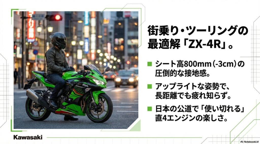 シート高800mmで街乗りやツーリングに最適なZX-4Rのアップライトな乗車姿勢
