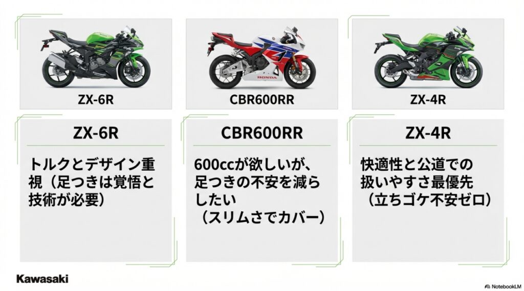 ZX-6R、CBR600RR、ZX-4Rの用途別の特徴と足つき性の比較表
