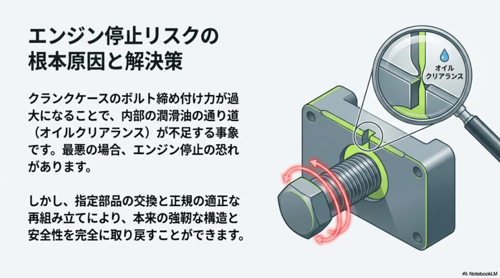 ZX-6Rのリコール事象まとめ。過去の不具合の真相から対策完了個体の見極め方まで徹底解説 クランクケースのボルト締め付け力とオイルクリアランスの構造を図解