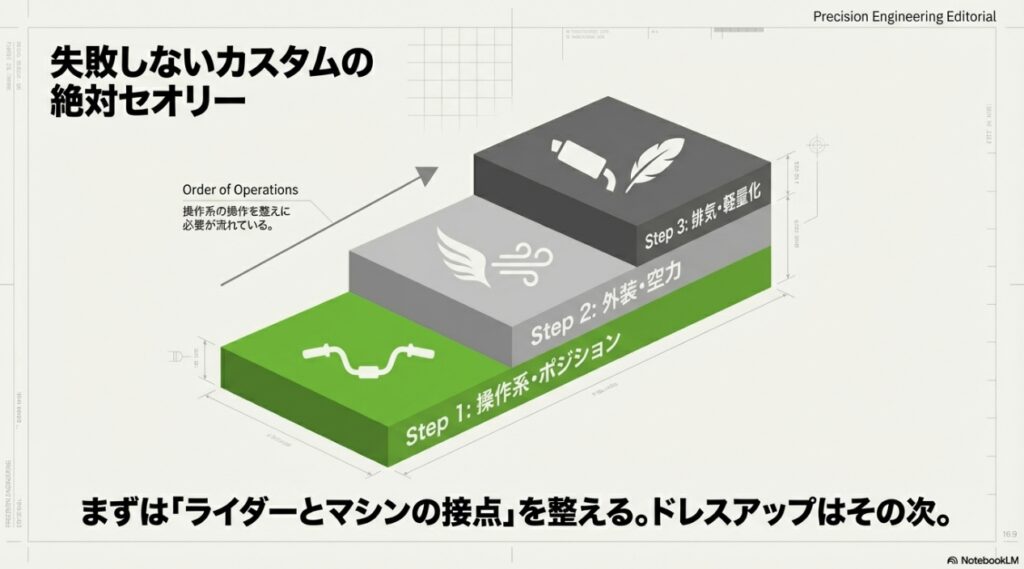 操作系、外装・空力、排気・軽量化の順で行うZX-6Rのカスタムセオリー図