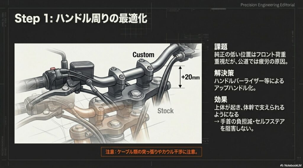 ハンドルバーライザーを使用してZX-6Rのハンドル位置をアップさせる構造と効果の図解
