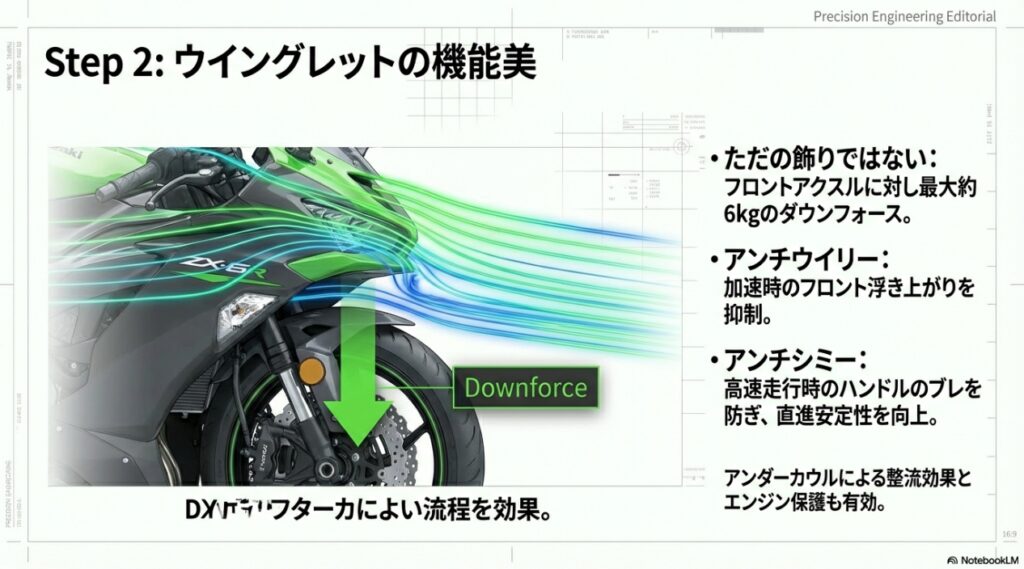 ZX-6Rのフロント周りに流れる空気とダウンフォースを生むウイングレットの効果図