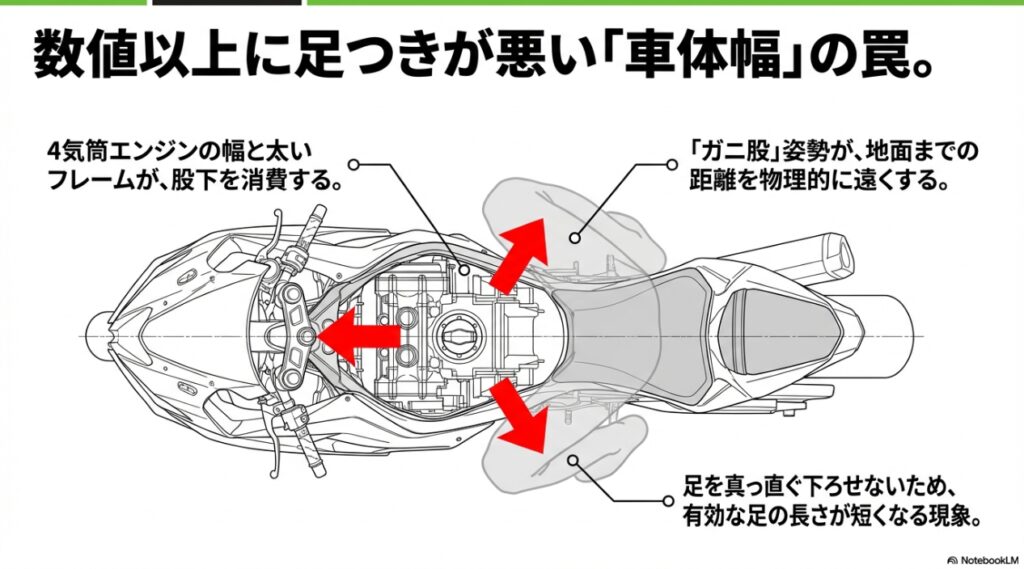 ZX-6Rの4気筒エンジンとペリメターフレームによる車体幅が股下を消費する図解