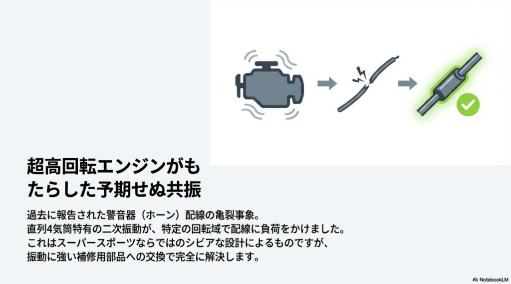 ZX-6Rのリコール事象まとめ。過去の不具合の真相から対策完了個体の見極め方まで徹底解説 高回転エンジンの共振によって亀裂が入る配線と対策部品のイメージ図
