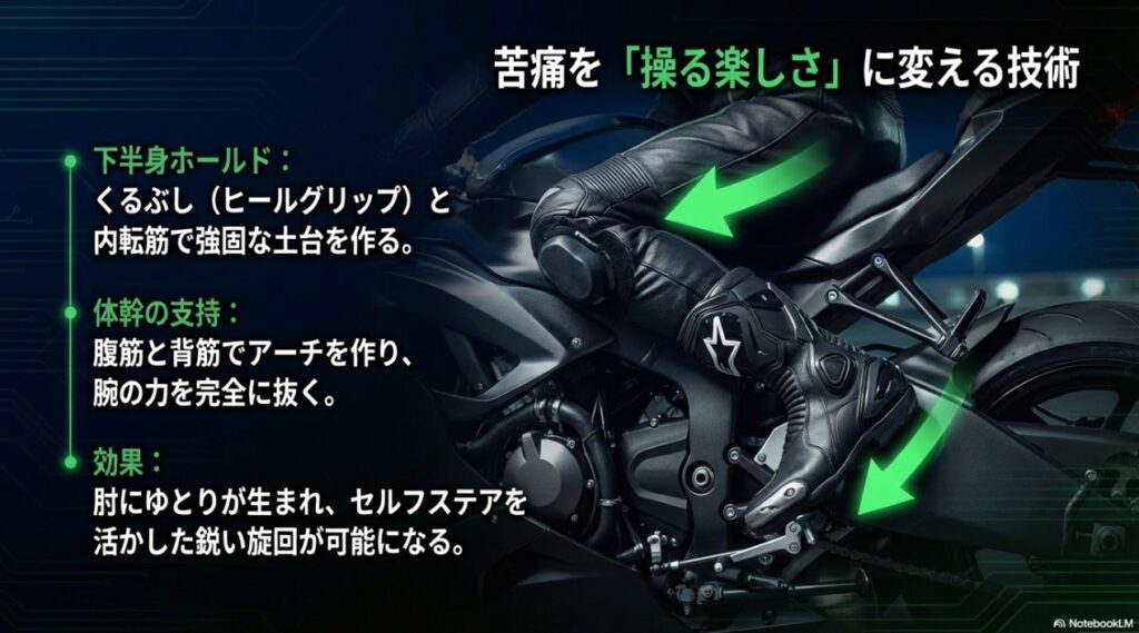 苦痛を操る楽しさに変えるZX-6Rの下半身ホールドと体幹支持の技術
