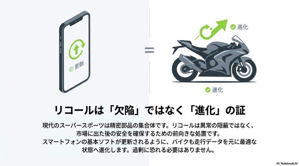 ZX-6Rのリコール事象まとめ。過去の不具合の真相から対策完了個体の見極め方まで徹底解説 スマートフォンのOS更新のように最適化・進化していくバイクのイメージ図