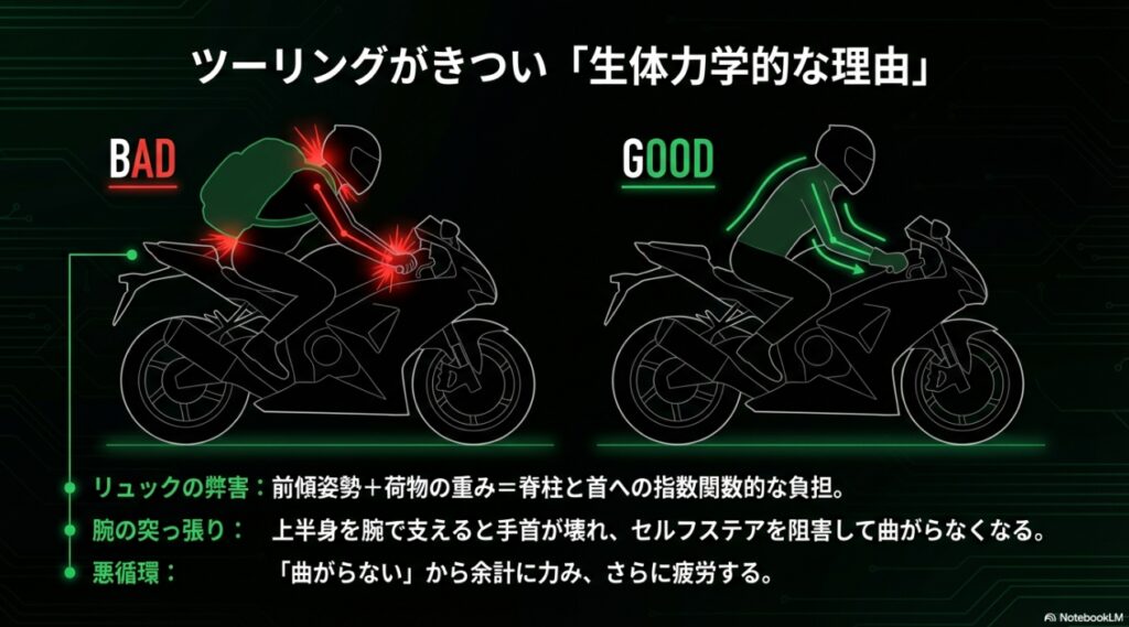 ZX-6Rのツーリングがきつい生体力学的な理由（BADとGOODの乗車姿勢比較）