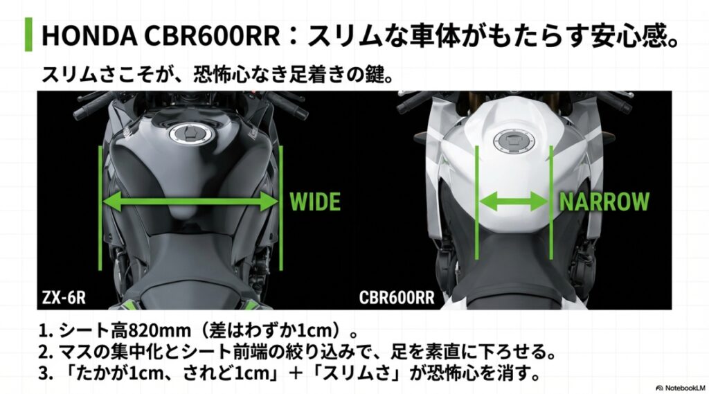 ZX-6RとCBR600RRのシート前端の絞り込みと車体幅の比較画像