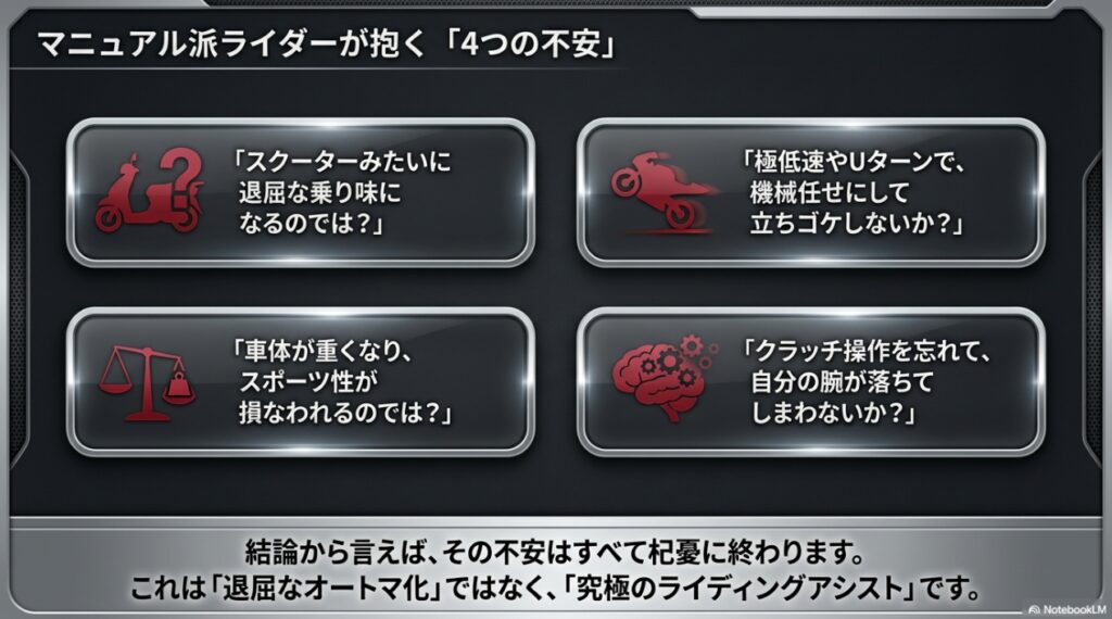 マニュアル派ライダーが抱く退屈さや立ちゴケなどの4つの不安