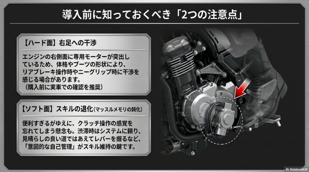 右足への干渉やスキルの退化といったE-Clutch導入の注意点
