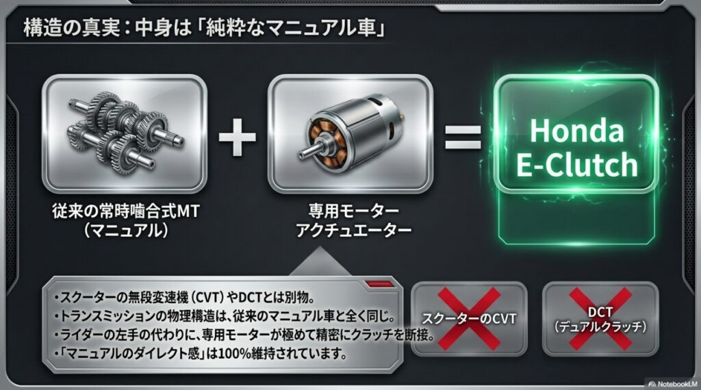 Honda E-Clutchの構造は常時噛合式MTに専用モーターを組み合わせたもの