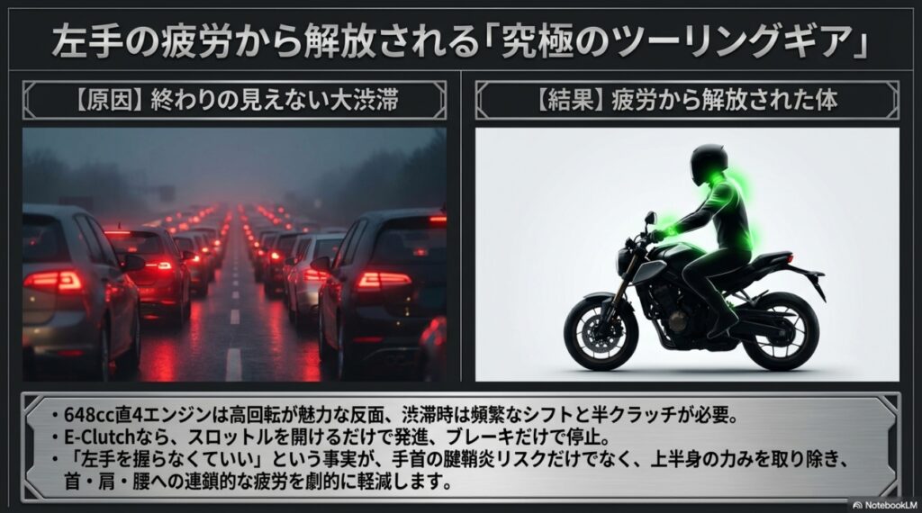 大渋滞の疲労から解放されるHonda E-Clutchのメリット