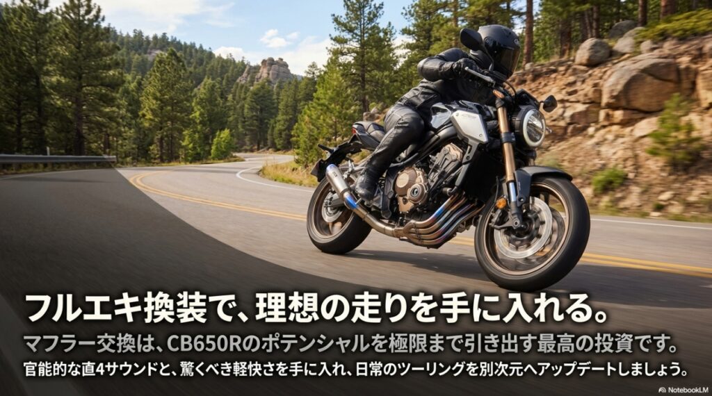 CB650Rのマフラー交換の真実!スリップオン不在の理由とフルエキ化の劇的メリット マフラー交換がCB650Rのポテンシャルを極限まで引き出し、日常のツーリングを別次元へアップデートするというまとめスライド