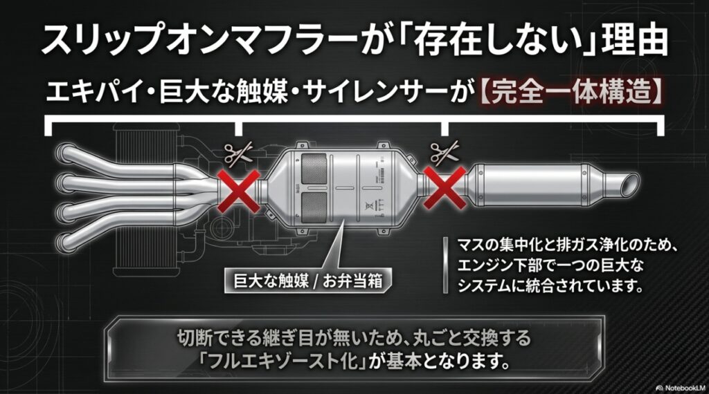 CB650Rのマフラー交換の真実!スリップオン不在の理由とフルエキ化の劇的メリット エキパイ、巨大な触媒、サイレンサーが完全一体構造となっており、マスの集中化と排ガス浄化のため統合されていることを解説するスライド
