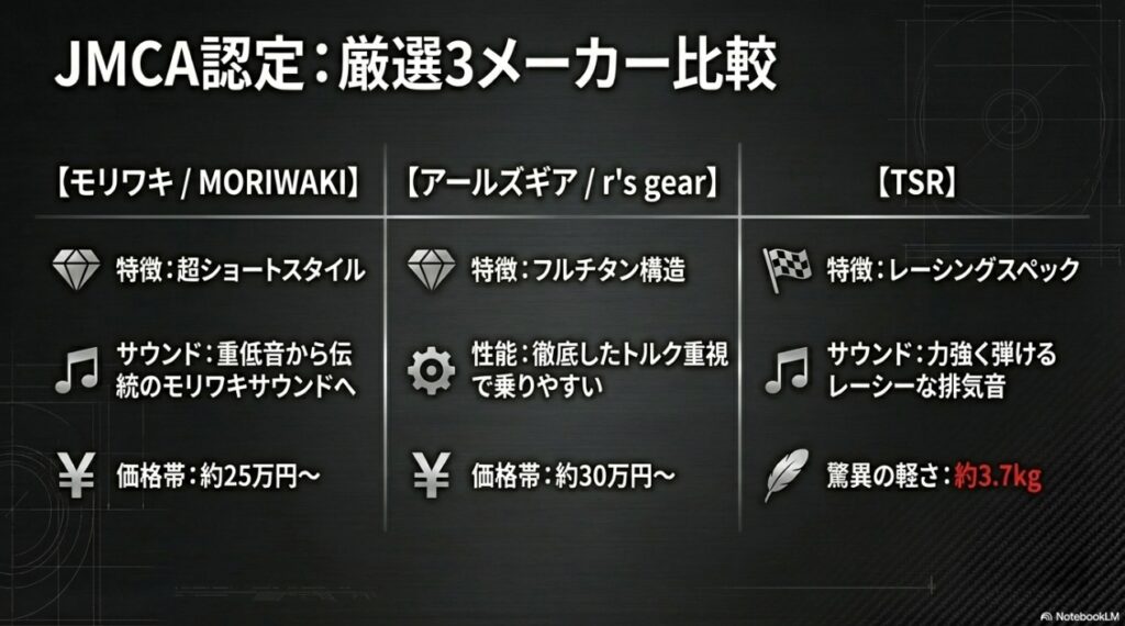CB650Rのマフラー交換の真実!スリップオン不在の理由とフルエキ化の劇的メリット モリワキ、アールズギア、TSRの厳選3メーカーの特徴、価格帯、サウンドの違いをまとめた比較スライド