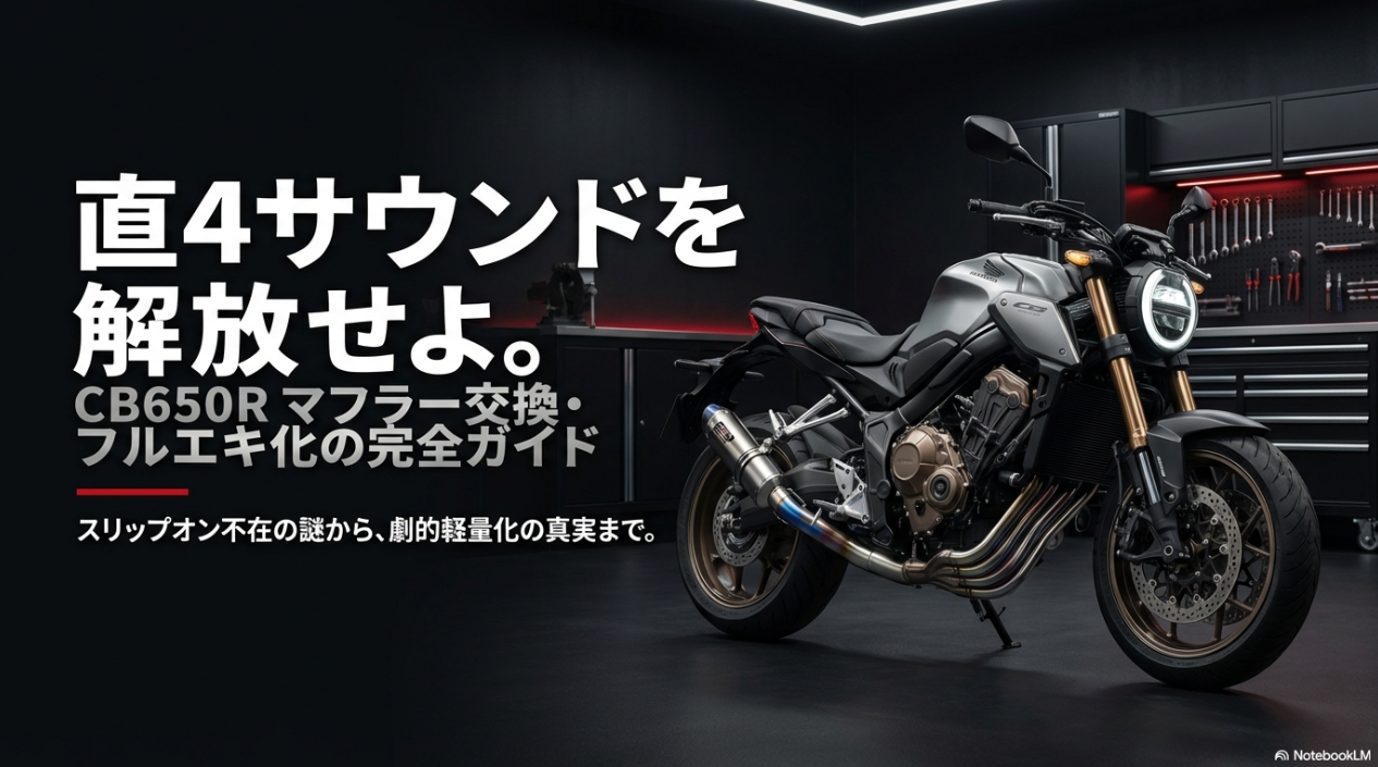 CB650Rのマフラー交換の真実!スリップオン不在の理由とフルエキ化の劇的メリット 直4サウンドを解放せよ。CB650Rマフラー交換・フルエキ化の完全ガイドのタイトルスライド