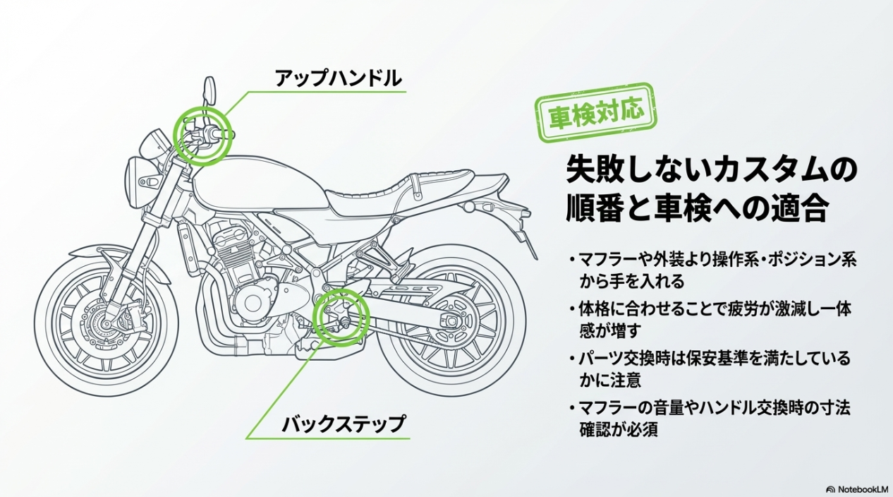 マフラー等より操作系・ポジション系から手を入れる失敗しないカスタムの順番と、アップハンドルやバックステップ導入時の車検適合への注意点。