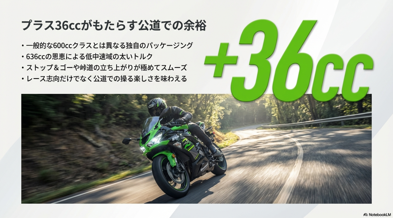 ZX-6Rのプラス36cc（636cc）がもたらす恩恵。低中速域の太いトルクにより、公道でのストップ＆ゴーや峠道がスムーズに。