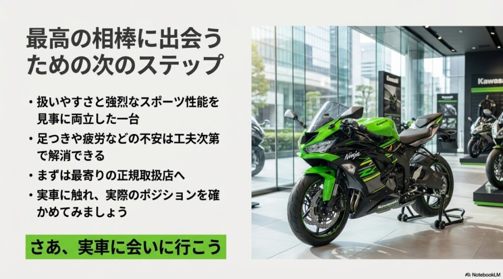 ZX-6Rを最高の相棒にするための次のステップ。最寄りのカワサキ正規取扱店で実車に触れ、実際のポジションを確かめよう。
