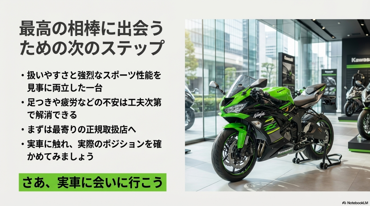 ZX-6Rを最高の相棒にするための次のステップ。最寄りのカワサキ正規取扱店で実車に触れ、実際のポジションを確かめよう。