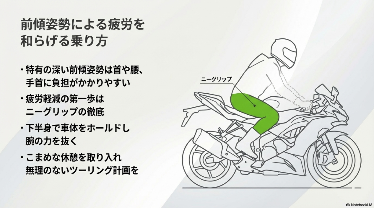 ZX-6Rの深い前傾姿勢による首や手首への疲労を和らげる乗り方。ニーグリップの徹底で下半身をホールドし腕の力を抜くコツ。