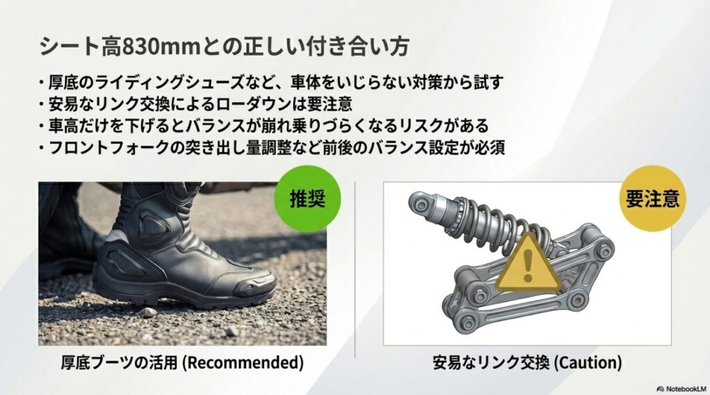 ZX-6Rのシート高830mm対策。厚底ブーツの活用推奨と、バランスが崩れるリスクがある安易なリンク交換（ローダウン）への注意点。
