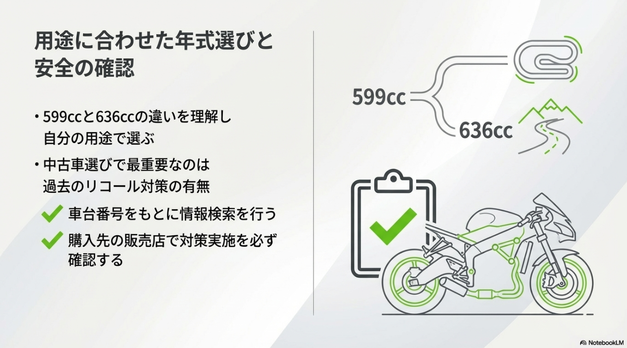 599ccと636ccの違いを理解した年式選びと、中古車購入時に必須となるリコール対策実施の確認手順。