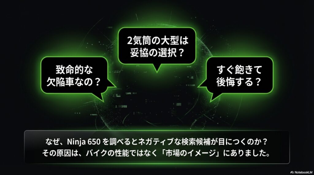 Ninja 650のネガティブな検索候補（欠陥車、妥協、後悔）の原因は、バイクの性能ではなく市場のイメージにある