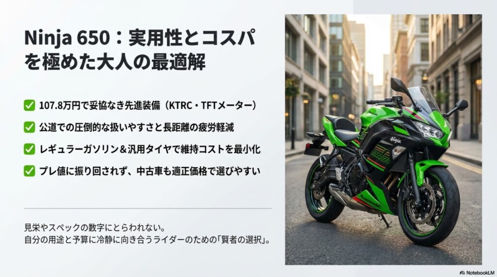 ニンジャ650の値段に隠された真実!新車価格と中古相場から読み解く最強のコスパと維持費 妥協なき装備、公道での扱いやすさ、安い維持コストを兼ね備えたNinja 650は自分の用途に冷静に向き合うライダーの最適解