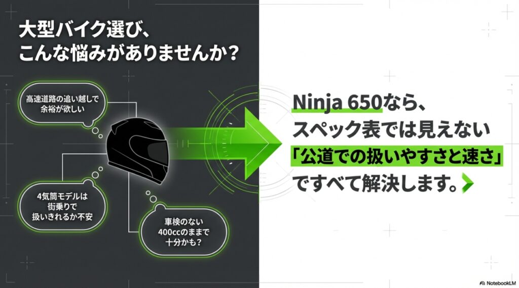 Ninja 650の最高速は200km/h超!カタログにない公道での圧倒的な加速力と実用性 高速道路の追い越しへの不安や、4気筒モデルと400ccとの比較など、大型バイク選びに関するよくある悩み