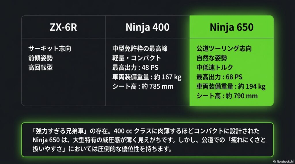 ZX-6R（サーキット志向）とNinja 400（中型最高峰）の強力な兄弟車に挟まれたNinja 650の立ち位置の比較
