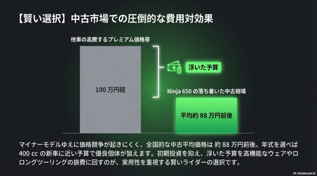 Ninja 650はマイナーモデルゆえに中古相場が平均約88万円前後と落ち着いており、400cc新車に近い予算で狙える費用対効果の高さ
