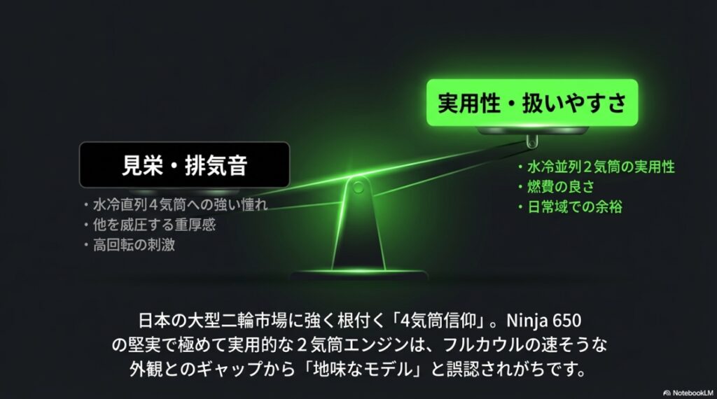 日本の大型二輪市場における4気筒信仰と、実用的な並列2気筒エンジンを搭載するNinja 650のイメージのギャップ