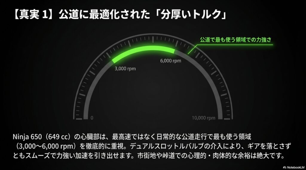 Ninja 650のエンジンは公道で最も使う3,000〜6,000rpmの分厚いトルクに最適化されている